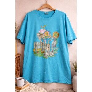 90s EZL Artsy Cat Shirt Puff Paint Whimsical Women’s 2XL Blue VTG Tee